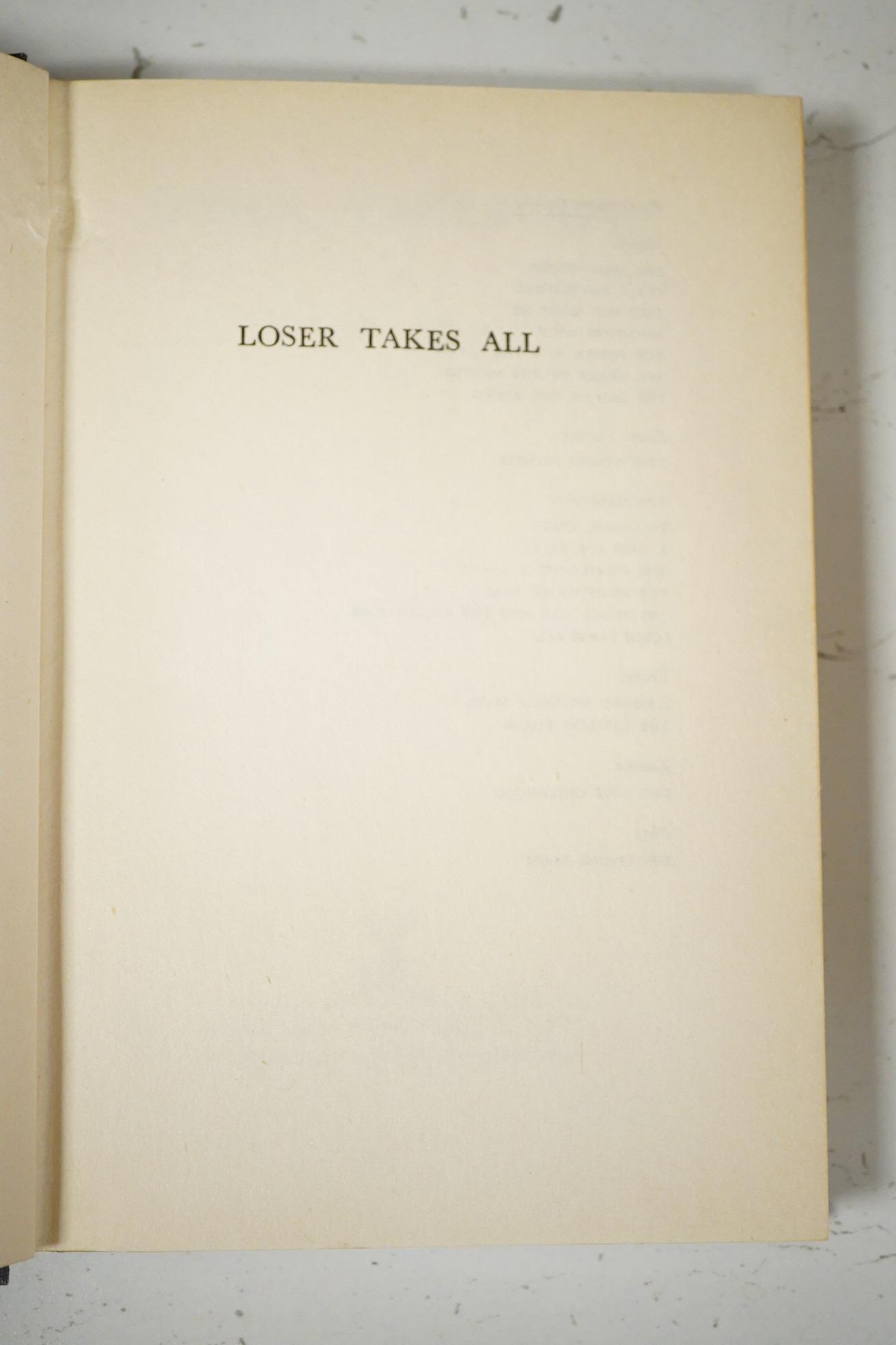 Greene, Graham - Loser Takes All. first edition. half title; publisher's gilt cloth and d/wrapper. William Heinemann, 1955. *the writer Richard Whittington - Egan's copy, his ink ownership on front free e/p. - Richard Wh